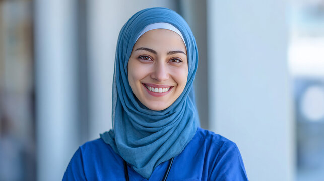 Smiling Muslim female healthcare worker in blue hijab and medical scrubs in hospital corridor

