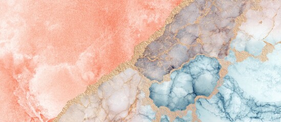 Fototapeta premium Abstract marble effect in peach, blues and grays, with golden veining accents