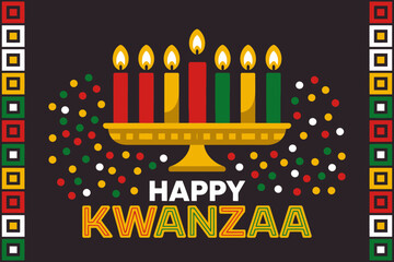 Happy Kwanzaa dark poster, golden kinara illustration, patterned side borders, colorful confetti, bold caption text, celebratory vector