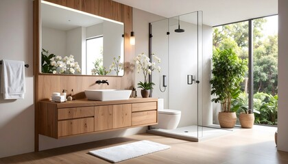 Fototapeta premium Modern Bathroom with Natural Wood Accents and Lush Greenery