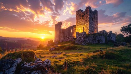 Fototapeta premium Ruined Castle Silhouette at Colorful Sunset with Glowing Sky in Rural Landscape Featuring Green Hills and Natural Sunlight in Dramatic Lighting
