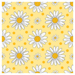 Obraz premium a seamless vector tile of hand‑inked white daisies with stippled ochre centers, scattered miniature blooms and playful polka dots on a warm butter‑yellow ground; layered color flats.