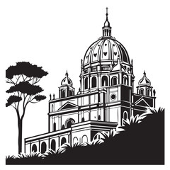 Fototapeta premium Illustration of a grand basilica with a dome and a tree, isolated on white background, showcasing architectural details and natural elements in a monochrome design, creating a serene scene