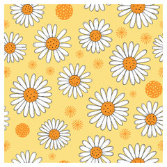  an endlessly repeating seamless vector tile of hand‑inked daisy heads, stippled centers and playful sunburst and polka-dot accents on a warm butter‑yellow ground; layered color flats.