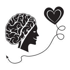 Conceptual illustration of a brain connected to a heart, symbolizing the balance between intellect and emotion, isolated on white background, in a minimalist black and white design