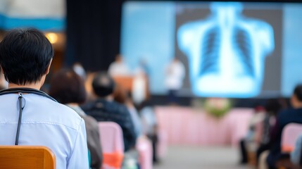 A healthcare professional observes a medical presentation featuring a chest X-ray, suggesting a focus on diagnostics and patient care within a conference setting, evoking a sense of focused learning.