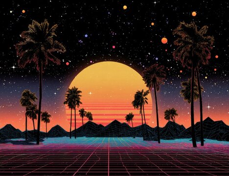 Retro-futuristic landscape with palm trees silhouetted against a large, vibrant sunset and a starry, cosmic backdrop. A gridded foreground adds a synthwave aesthetic