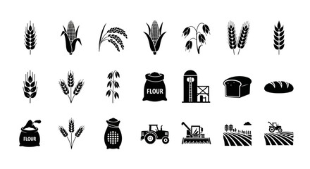 Minimalist Flat Icons of Diverse Grain Crops and Related Elements