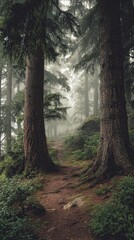 Obraz premium Misty forest path between two large evergreens, leading into a dense, fog-shrouded woodland with low vegetation and exposed roots. A sense of mystery and tranquility pervades