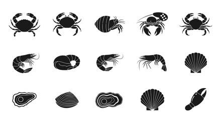 Fototapeta premium Crustaceans and Shellfish Silhouettes: Blue Crab, Lobster, Oyster Set