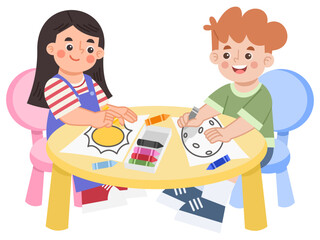 Illustration of children happily coloring at the desk