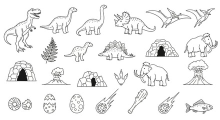 Detailed Line Art Silhouettes of Prehistoric Animals and Ancient Era Elements