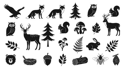 Obraz premium Organic Silhouettes of Forest Wildlife and Woodland Elements