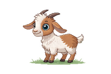 Fototapeta premium Fluffy pixel art brown and white goat with horns standing on green grass looking friendly, isolated on a transparent background