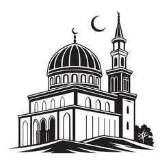 Mosque with crescent moon, isolated on white background a detailed black and white illustration of a mosque featuring a dome, minaret, and crescent moon, showcasing islamic architecture