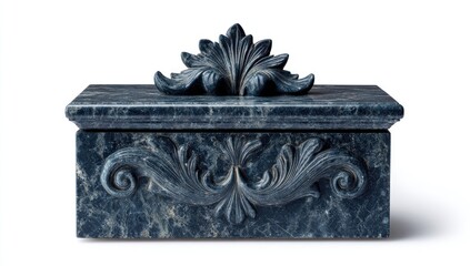 Rectangular dark-blue marble box with ornate, carved acanthus leaf detailing on its lid and front.  The box has a subtly textured surface, suggesting handcrafted quality