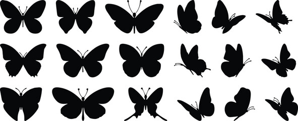 Butterfly silhouette collection, flying insects outline, decorative nature icons, moth vector illustration, black wings design, animal graphic art, cad drawing flat vector illustration