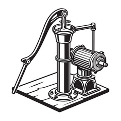 Illustration of a vintage water pump isolated on white background, showcasing its intricate design and mechanical components, evoking a sense of nostalgia and historical engineering