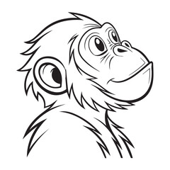 Cartoon illustration of a cute chimpanzee head with a curious expression, isolated on white background the artwork features detailed line work and expressive eyes, capturing the animals charm