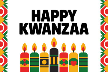 Happy Kwanzaa type design, white background, stylized candle icons, cultural motifs, vibrant palette, clean layout, festive holiday vector