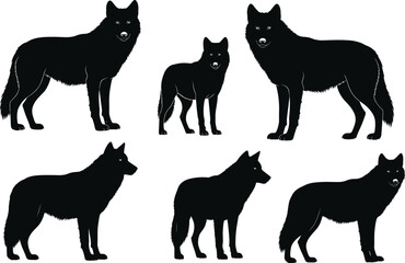 Wolf silhouette vector set, black animal shapes, standing pose, wildlife illustration, predator icon, forest creature, hunting stance, nature art