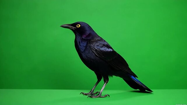 A striking black grackle with iridescent purple neck feathers and bright yellow eyes stands alert on a vibrant green screen background, ready for motion graphics.