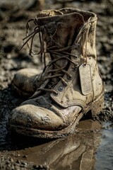 Mud-caked, worn leather boots sit in a puddle, laces frayed, a dog tag visible, reflecting in the water; suggesting a history of hard use