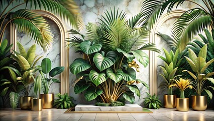 Obraz premium Elegant arrangement of diverse houseplants in gold pots against a marble backdrop