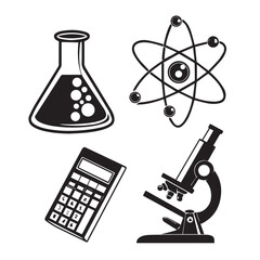 Illustration of science equipment isolated on white background, featuring a flask, atom model, calculator, and microscope, representing scientific research and education
