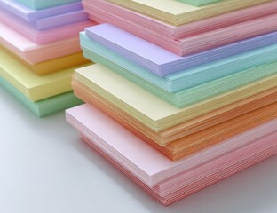 Neat stacks of pastel-colored paper, various sizes, arranged in a slightly staggered formation on a white surface.  The soft lighting emphasizes the subtle color variations