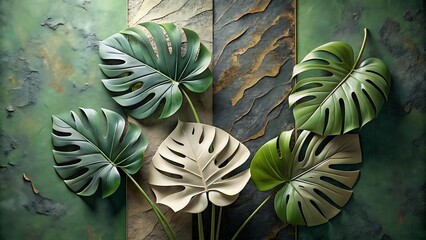 Fototapeta premium Group of lush green monstera leaves and one dried leaf arranged on a textured green and brown background
