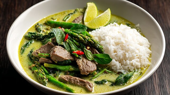 Beef green curry in white bowl with steam and lime wedges