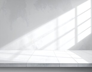 White minimalist backdrop with sunlight shadows and empty surface