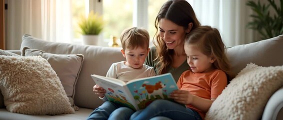 Joyful mom reading colorful picture book to children on plush sofa surrounded by cushions under warm light for authentic mom with kids lifestyle imagery in  Photo Stock  Concept  and empty space on th - Powered by Adobe