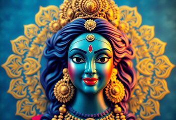 Beautiful illustration of Goddess Durga's face on a vibrant blue background with golden mandala patterns, perfect for Navratri and Dussehra Dasara festival celebration banners.