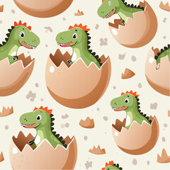 Obraz premium Fun seamless pastel dinosaur egg pattern with baby dinos hatching on cream background. Cute cartoon vector design ideal for nursery wallpapers, fabrics, and kids’ playful decor.