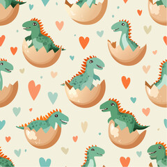 Obraz premium Fun seamless pastel dinosaur egg pattern with baby dinos hatching on cream background. Cute cartoon vector design ideal for nursery wallpapers, fabrics, and kids’ playful decor.