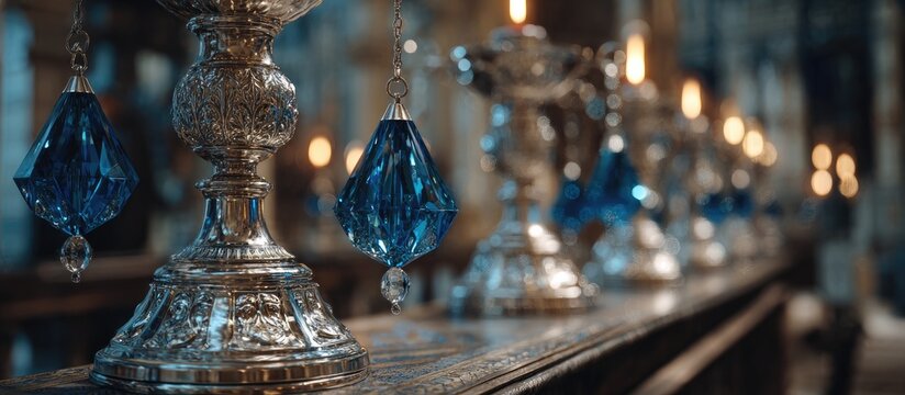 Ornate silver candle holders with dangling blue crystal accents line a dark wood surface, illuminated by warm candlelight - Powered by Adobe