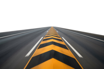 A high-angle, long-exposure shot of a highway with yellow and black chevron markings on a transparent background. background removed