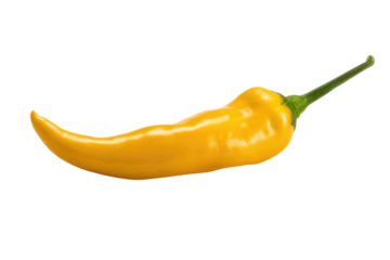 A vibrant yellow chili pepper, isolated on a transparent background, showcases its glossy skin and curved shape. background removed
