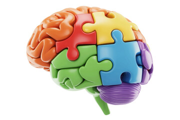Colorful puzzle pieces forming a brain, representing intelligence, problem-solving, and cognitive functions. background removed