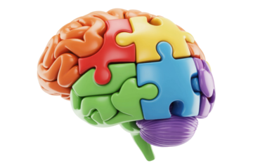 Colorful puzzle pieces forming a brain, representing intelligence, problem-solving, and cognitive functions. background removed
