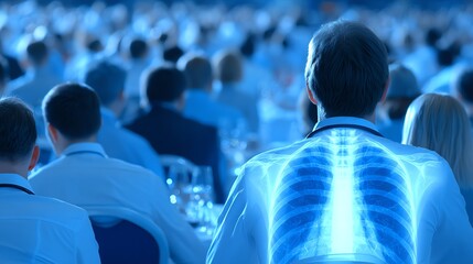 A conference attendee's back is digitally rendered to reveal a glowing skeletal structure, contrasting with the blurred crowd and cool blue tones, symbolizing inner workings and vulnerability.