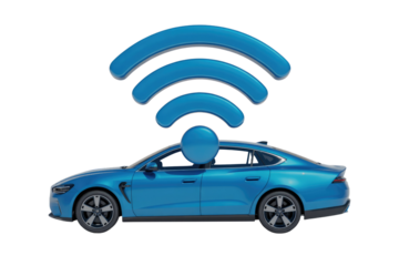 Connected car concept, showcasing a blue sedan with a wifi symbol overhead, representing wireless connectivity and technology. background removed