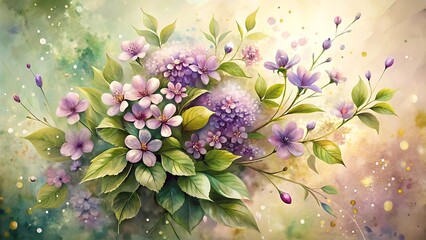 Watercolor painting of a vibrant bouquet of purple and pink wildflowers with green leaves and a soft, dreamy background