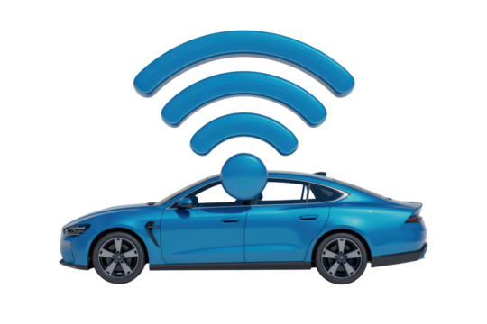 Connected car concept, showcasing a blue sedan with a wifi symbol overhead, representing wireless connectivity and technology. background removed