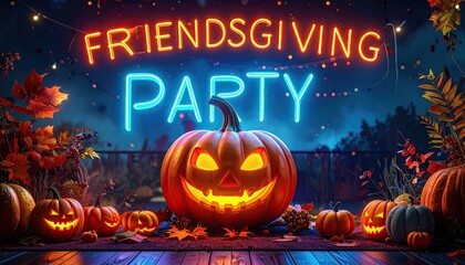 Friendsgiving Party Celebration with Illuminated Neon Sign and Carved Pumpkins Dark Ambiance with Autumnal Decorations