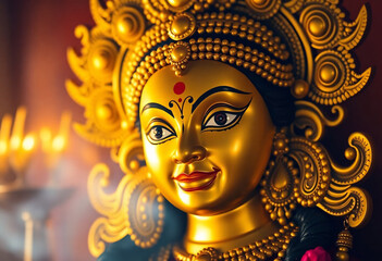 happy durga puja social media post . maa durga face gold color minimalist illustration