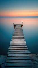 Obraz premium Serene sunrise over calm water, long exposure showcasing a weathered wooden pier extending from shore into tranquil, colorful horizon