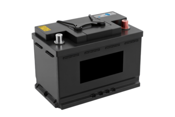 A 3D render of a black car battery with terminals and labels, isolated on a transparent background. background removed